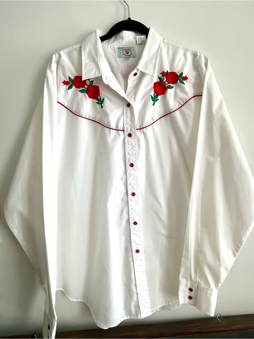 White Button-Down Western Shirt with Red Rose Embroidery